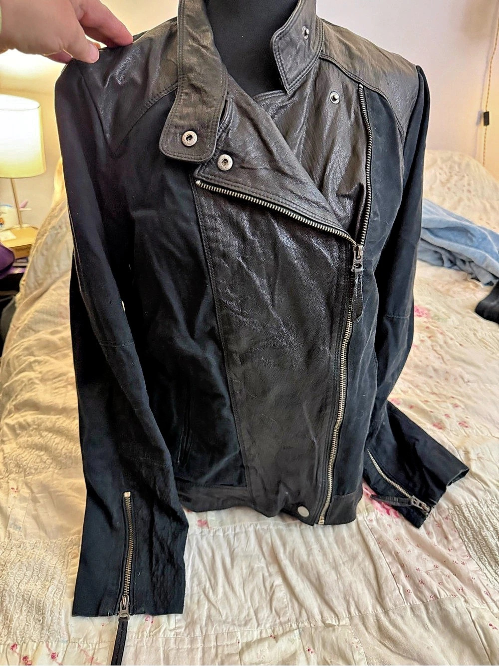 Edgy Lucky Brand Mixed Media Leather Moto Jacket Size Large